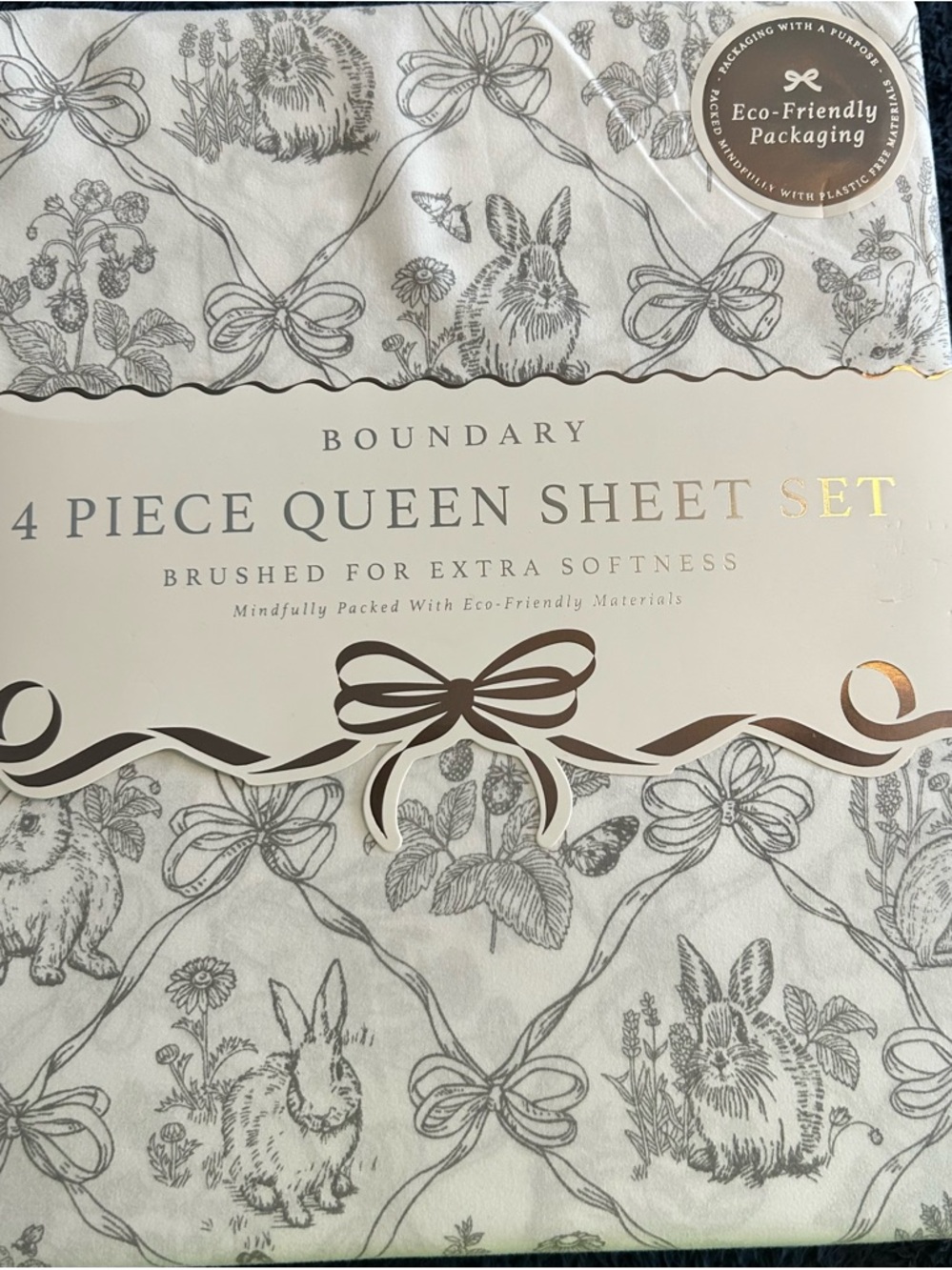 Brushed Queen Sheet Set in Cream with Gray Bunny Print